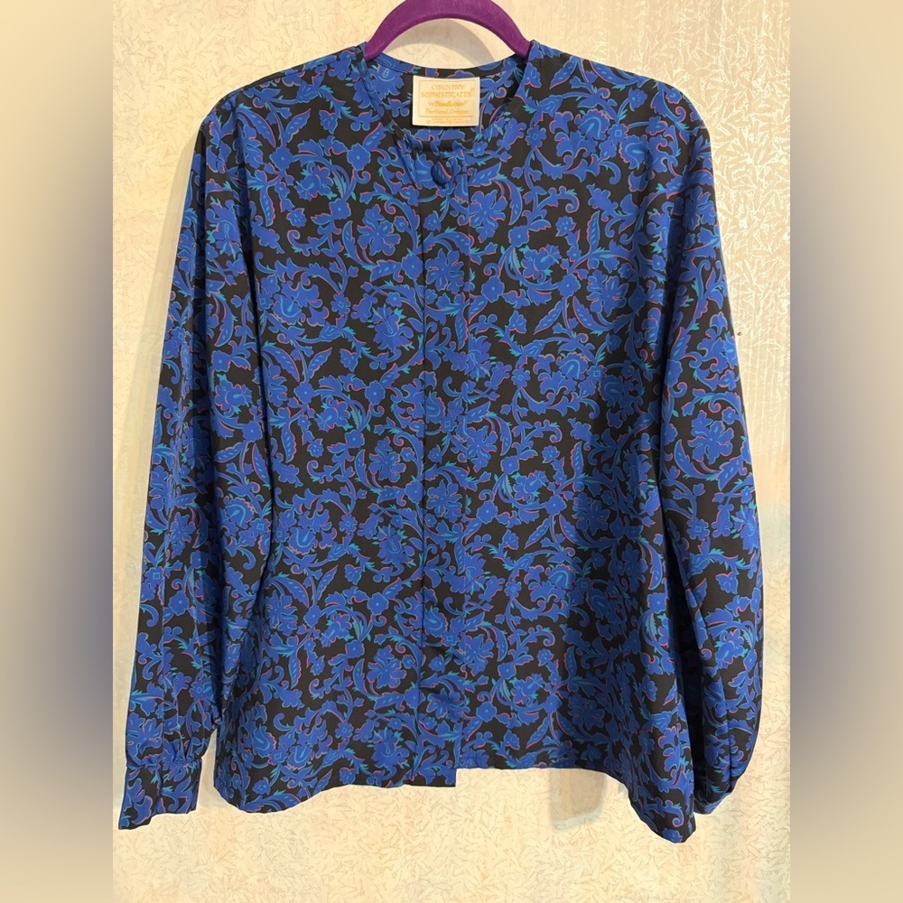 Vintage Pendleton Sophisticates Blue‎ and Black Floral Blouse, Feminine, Sz 14